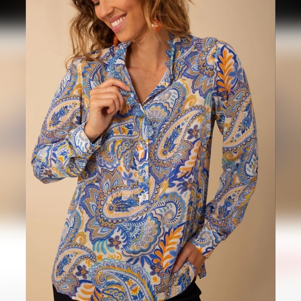 Hale Bob Paisley Print Women's Top - Blue and Yellow Med